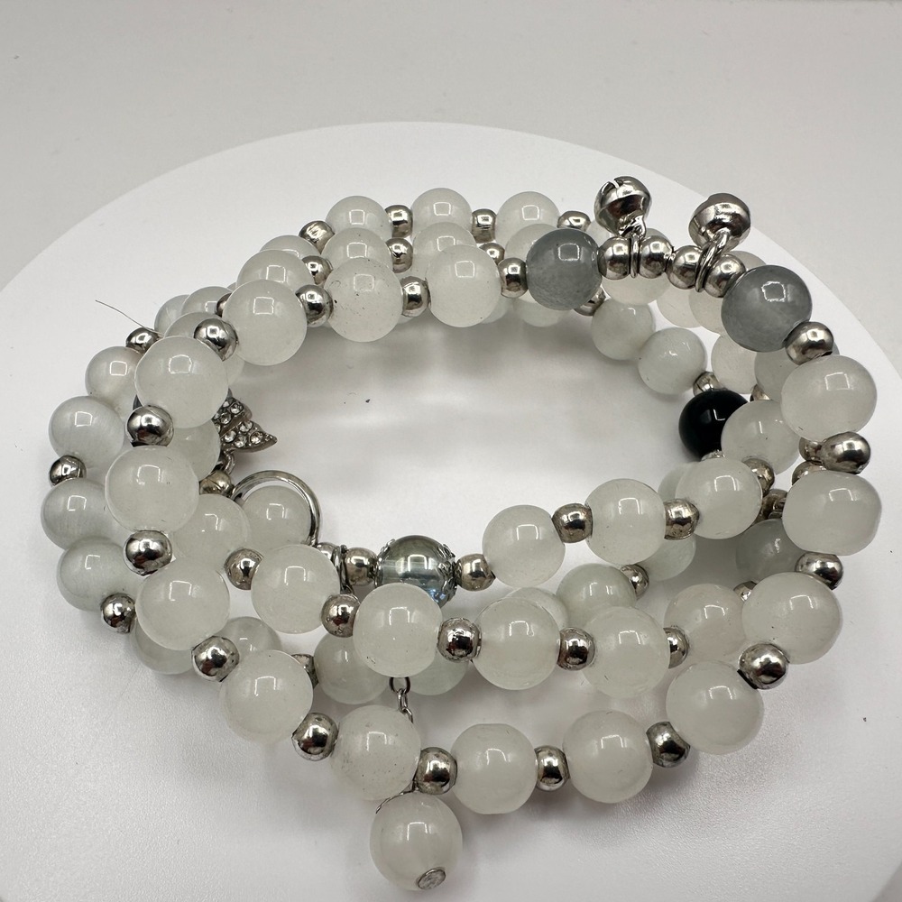 Vintage 90s White Glass Beaded Wrap Bracelet Silver Tone Adjustable Boho